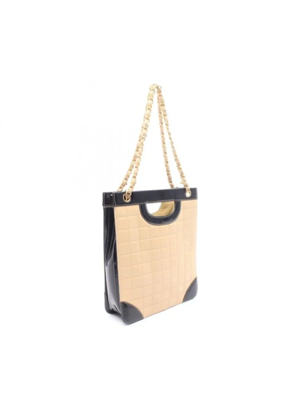 Chanel Tote Bag Choco Bar 2-Way Beige Black Leather Patent Shoulder